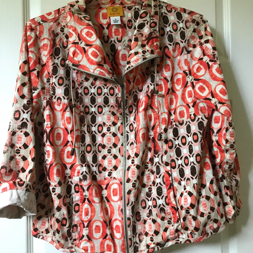 Like new. Ruby Rd. Bright coral, brown, tan and white jacket. Women’s  Size 16
